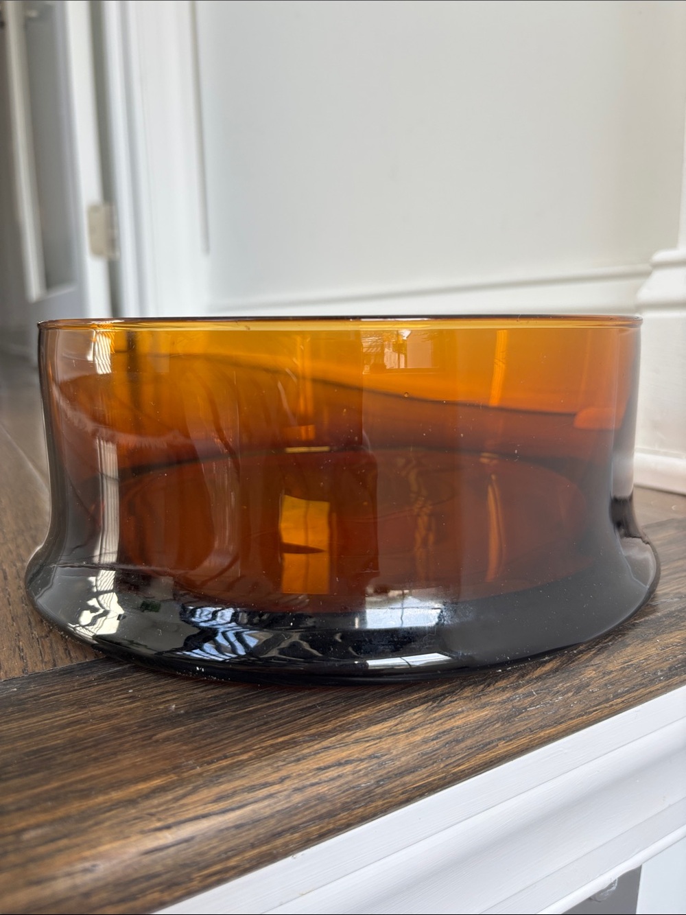 Vintage Empoli? art glass bowl,MCM, amber,straight side,footed base, 3.75x10x10”